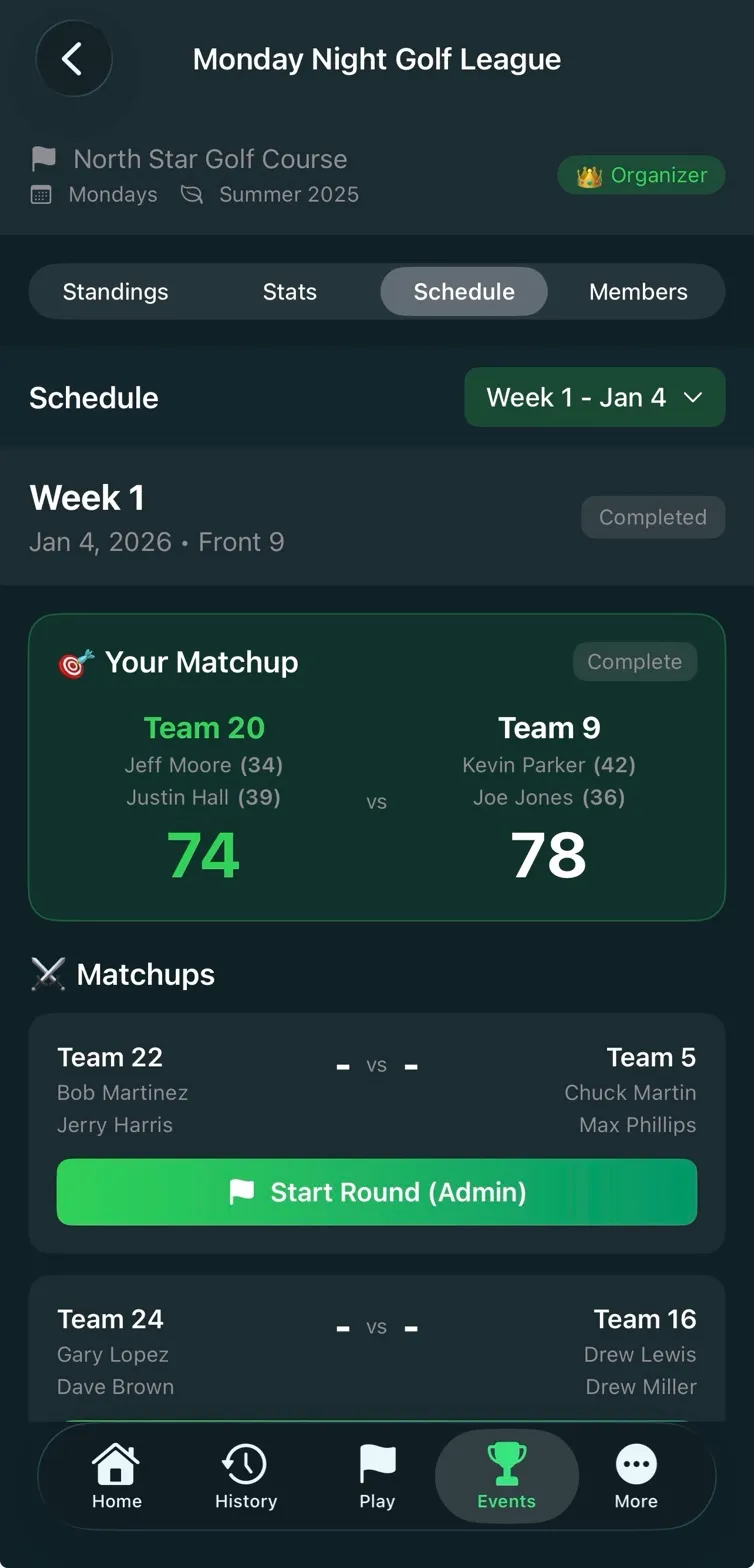 PayUpGolf League Screen