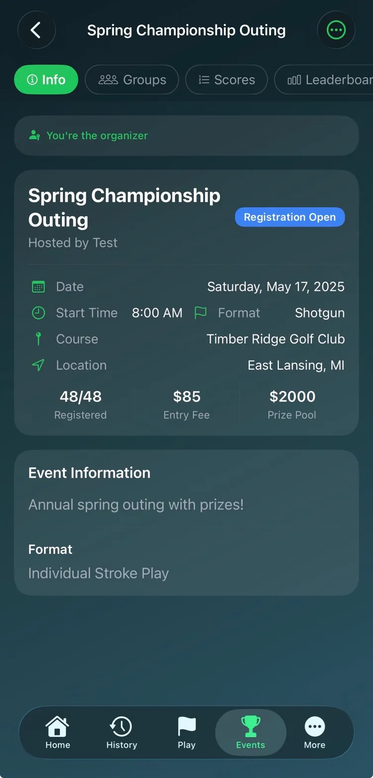 PayUpGolf Outing Screen