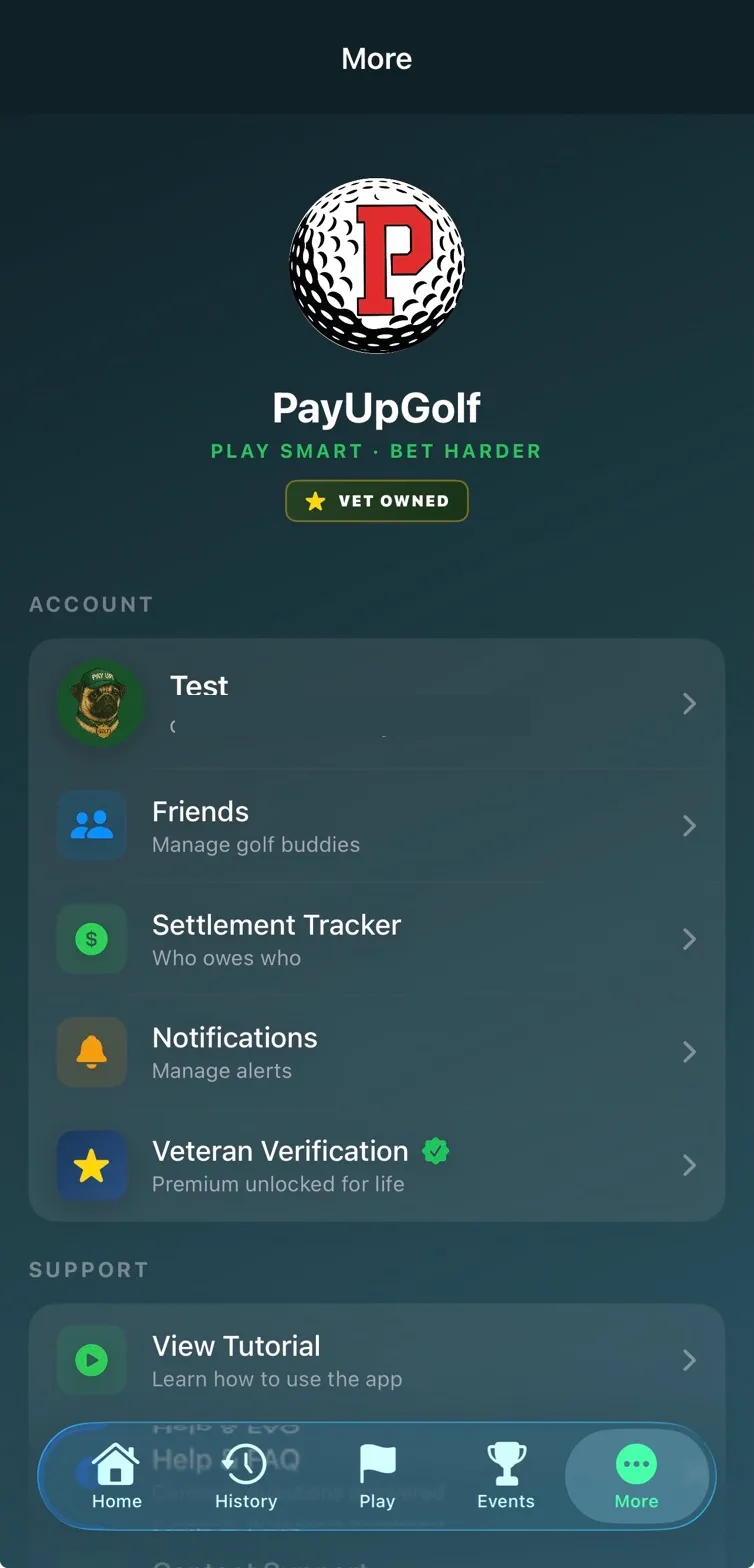 PayUpGolf Profile Screen